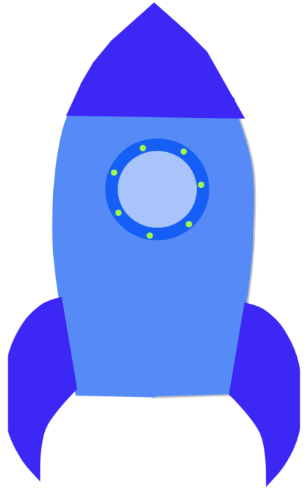 A blue rocket on a white background.
